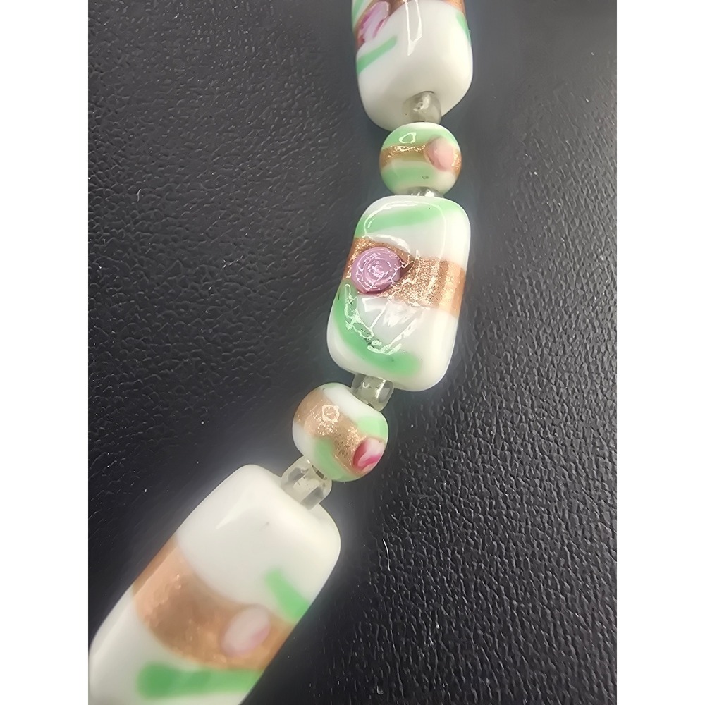 Vintage Estate Necklace White Green Pink Gold Foil Art Glass Beads 15"